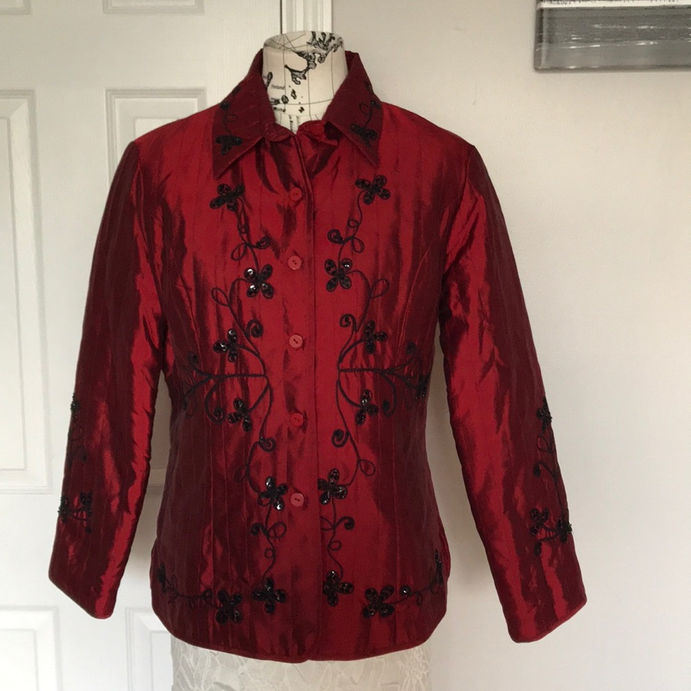 👹NWOT Anne Carson Silk Vintage Floral Sequin Embroidery Evening Coastal Blazer L